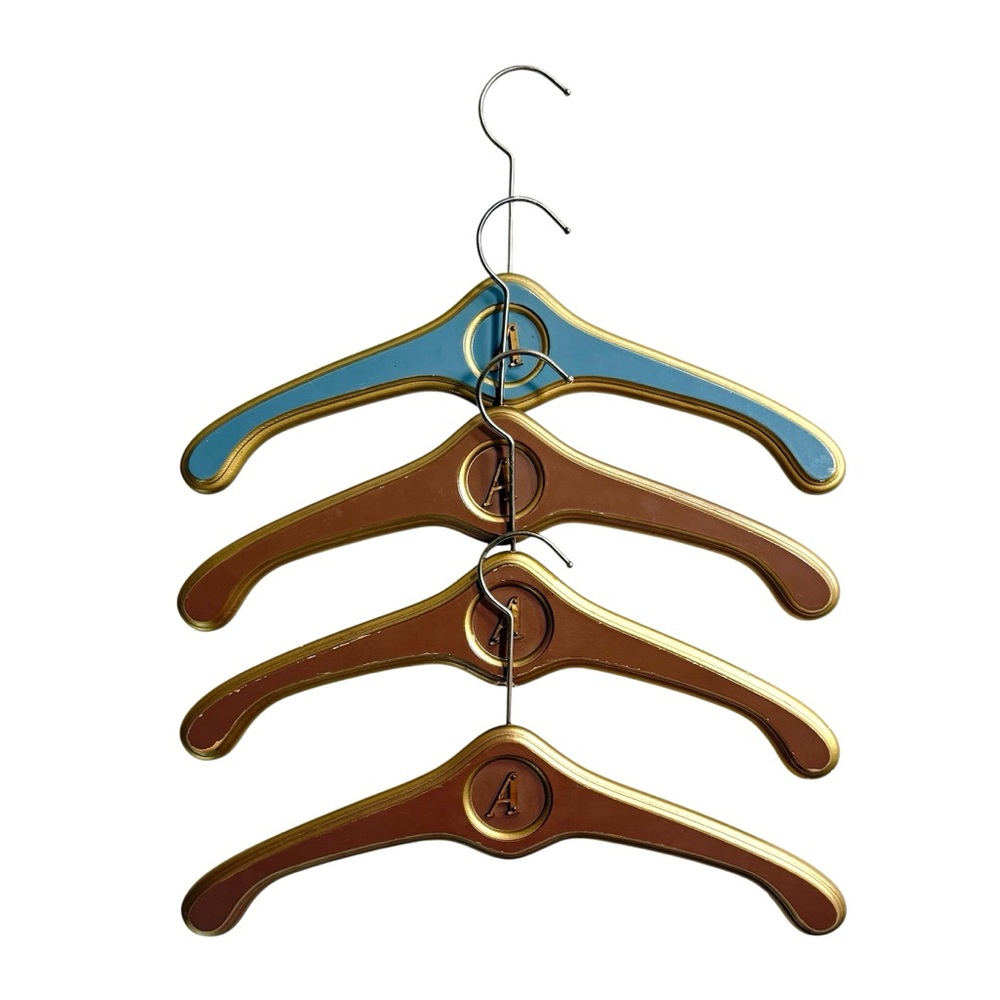 Hollywood Regency Wood Coat Hangers - Blue & Brown with Gold Trim (Set of 4)